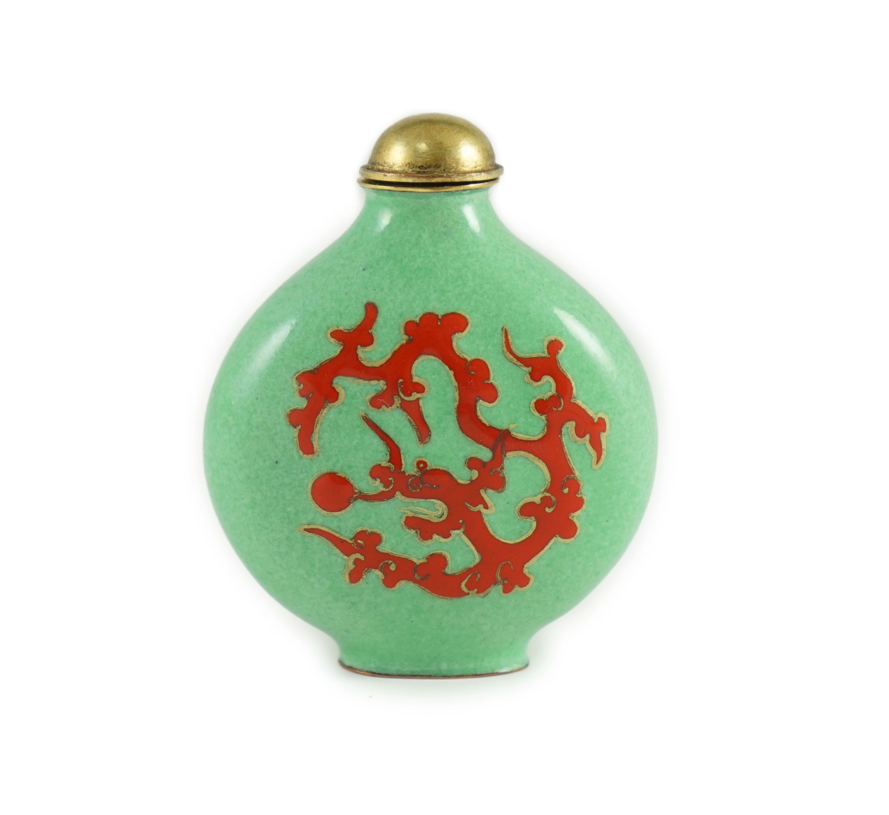 A Chinese enamel on copper green ground snuff bottle, 19th/20th century, 6.2 cm high including stopper